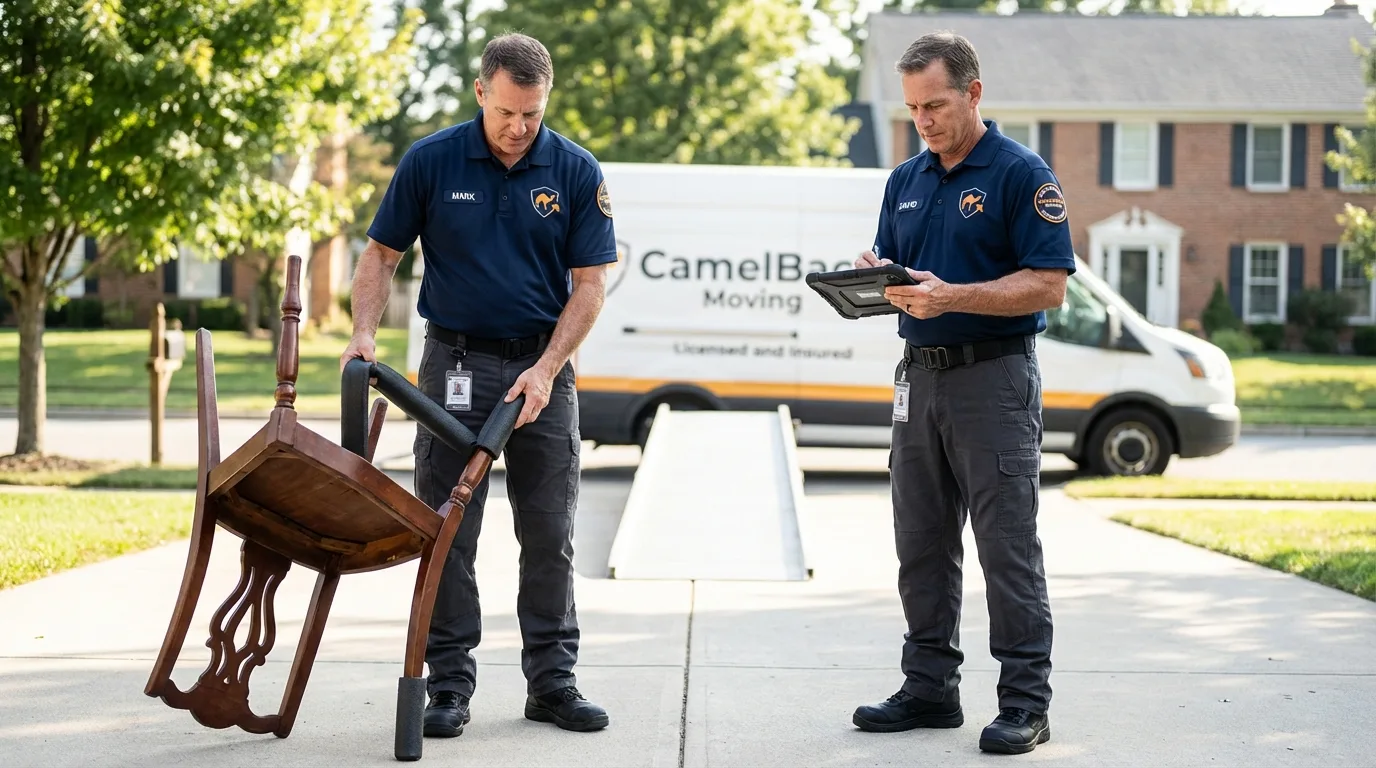 Movers inspecting furniture for damage prevention before loading in Payson, AZ